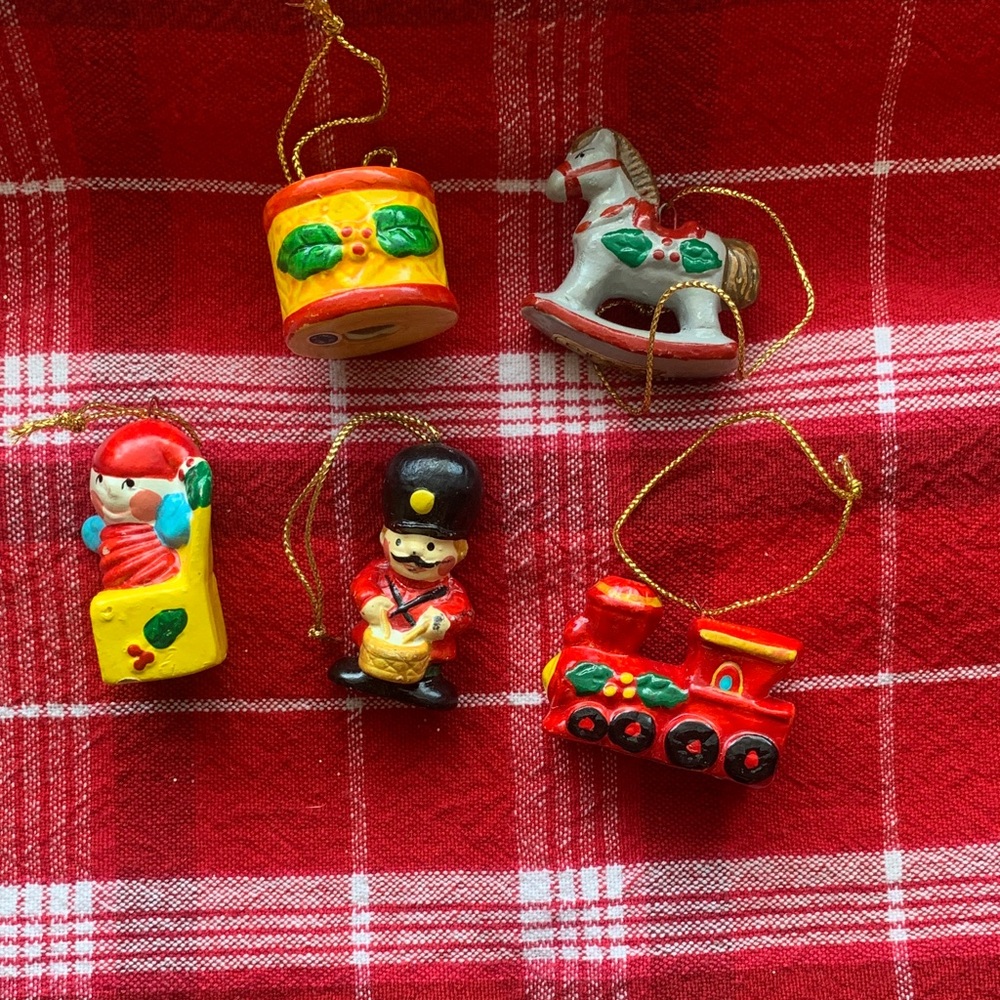 Five Vintage Enesco Mini Ornament Set - Red, Green, Gold
